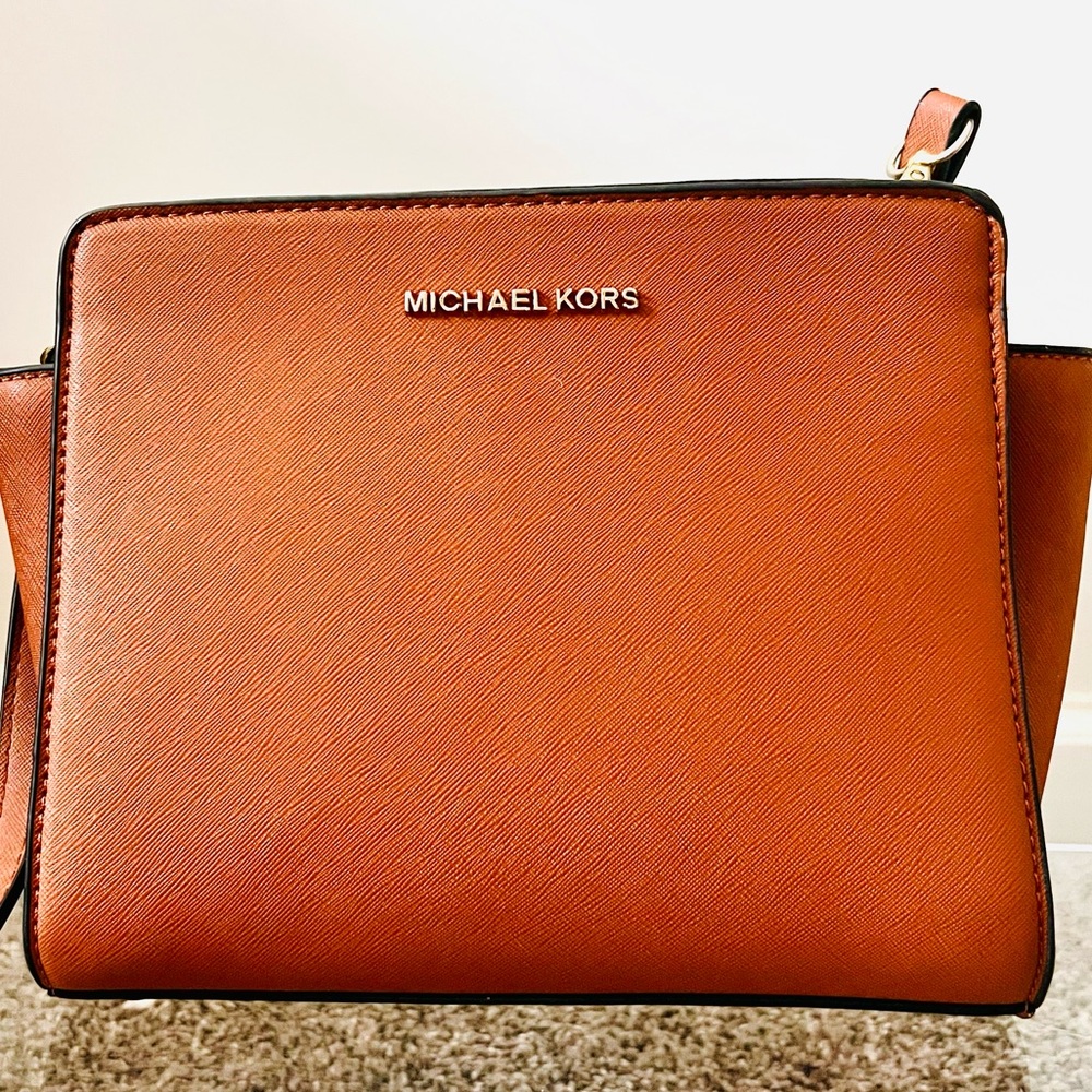 Michael Kors Saffiano Leather Crossbody Bag | Cognac Brown | Gold Hardware